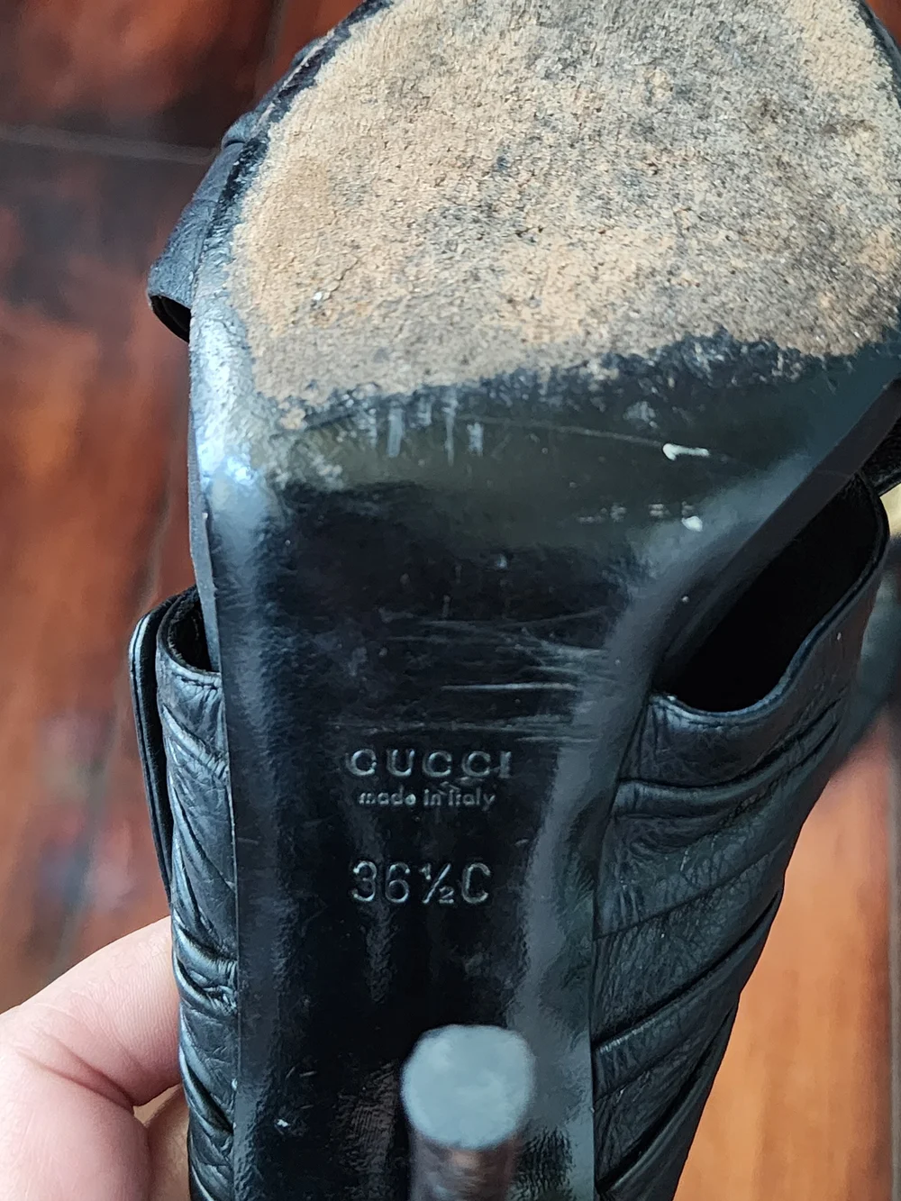 Gucci Black Leather High Heel Slide with Gold Medallion